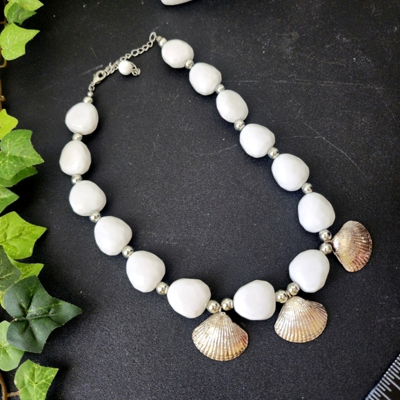 White Bead with Silver Seashell Charms Necklace - Picture 3 of 5